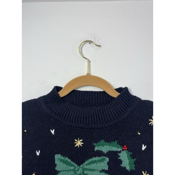 Vtg Panther Ugly Christmas Sweater Black Gold Bows Holiday Holly Medium Green - Picture 4 of 7